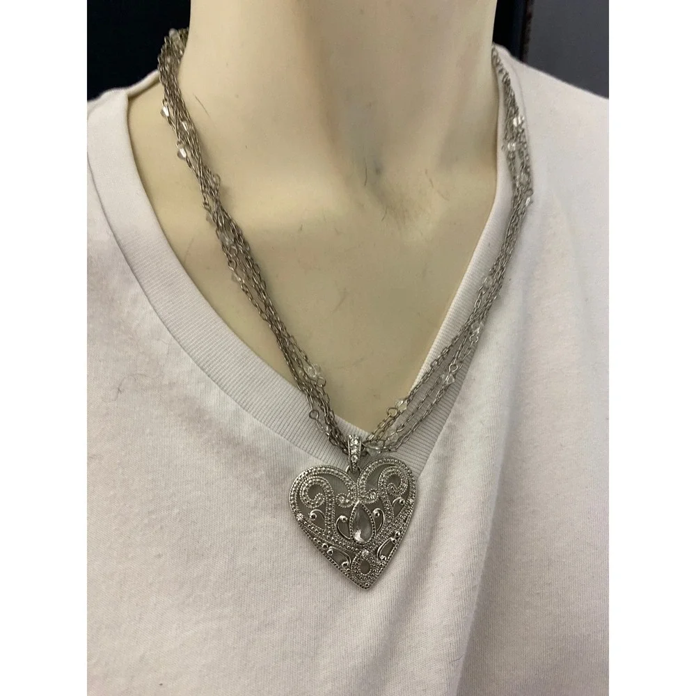 Silver Tone Filigree‎ Heart Pendant Necklace Multi Strand Chain Romantic Vintage
